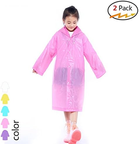 Silkclo 2 Pack Kids Children Rain Ponchos,Portable Reusable Raincoat with Hood and Sleeves,for Theme Parks, Sporting Events, Camping, Traveling, Concerts Or Some Emergencies (Pink)