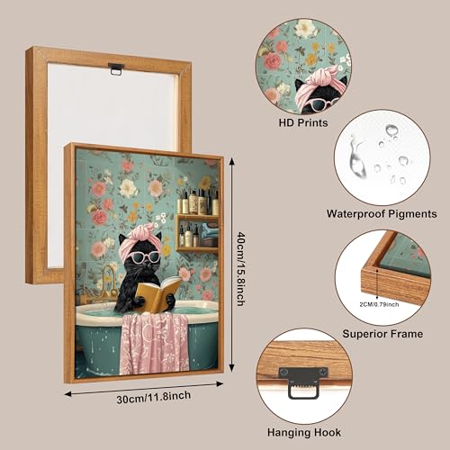 Framed Picture Modern Funny Black Cat Picture Decoration Cute Black Cat Bathing Canvas Painting Picture Decorative Pictures Living Room Bedroom Bathroom Toilet Children's Room 30 x 40 cm
