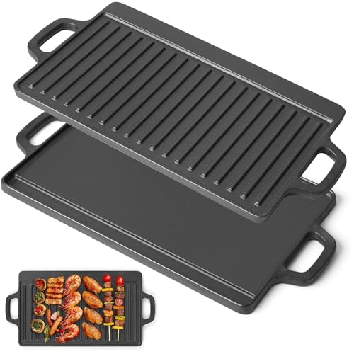 45 x 23 cm Chapa Grill para Fogão e Indução, Dupla Face Retangular, Chapa de Ferro Dupla Face, Retangular de Ferro Fundido, Frigideira Reversível Pré-Temperada