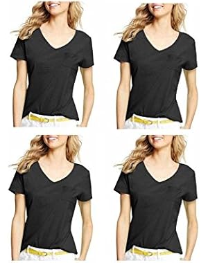 4-Pack Hanes Ladies V-Neck Pocket Short Sleeve T-Shirt, Ebony Black, Medium