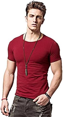 FBIIIOU Shirts Men T-Shirts Solid Color Slim Fit Short Sleeve T Shirt Mens New O-Neck Tops Tshirt MTS291 Red Wine Asian XXXL