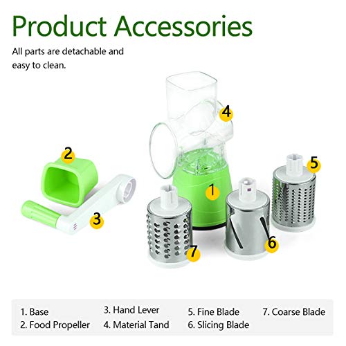 huasida HSD Manual Rotary Cheese Graters - Küchen-Mandolinen-Gemüseschneider mit 3 austauschbaren Klingen, leicht zu reinigender Rotary Grater Slicer für Obst, Gemüse, Nüsse (Grün)