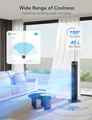 Goveelife 42'' Tower Fan for Bedroom, Smart Floor Fan with 150° Adjustable Oscillating, APP & Voice Control, 5 Modes 12 Speeds up to 26ft/s, 24H Timer, 27dB Quiet Fan for Cooling Home Office Black