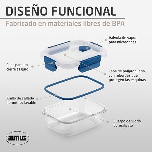 - Lote 3 Contenedores Herméticos de Vidrio - 370ml, 640ml, 1050 ml - Transparente - Tapa de polipropileno - Aptos para Almacenar, Transportar y Calentar Alimentos - Mod. 700
