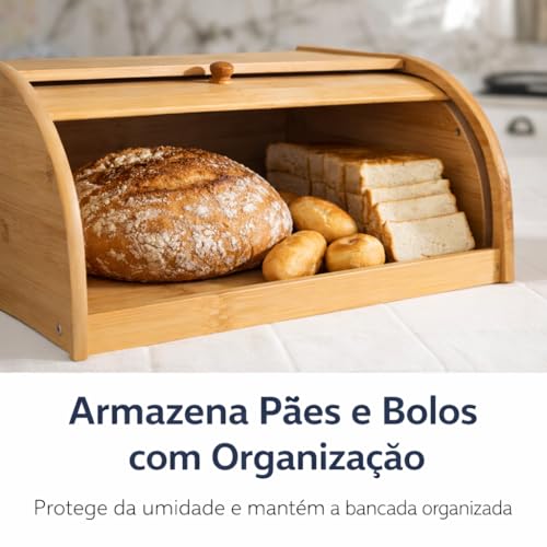 Porta Pão de Bambu Tampa Retrátil 40x27x16 cm Organizador para Bancada Armazena Pães e Bolos Abertura Deslizante Compacta Estrutura Natural Resistente para Cozinha e Mesa Posta