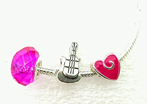 Guitar Music Charm Bead Enamel Heart Murano Set for European Bracelets Fuchsia