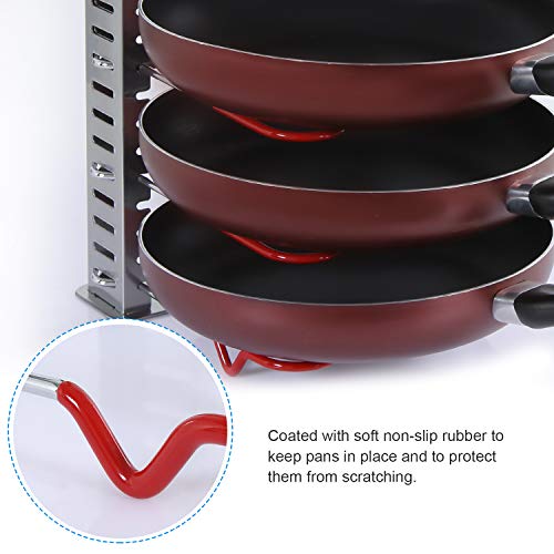 Lifewit Expandable Pan and Pot Lid Organizer Rack Holder Adjustable Kitchen Cabinet Pantry, 5-Tier Compartments Cupboard Bakeware Lid Plate Holder, Silver and Red