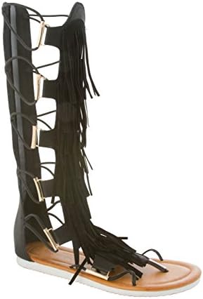 Modern Rush Womens Glamor fringed gladiator mid calf high flat toe thong sandal