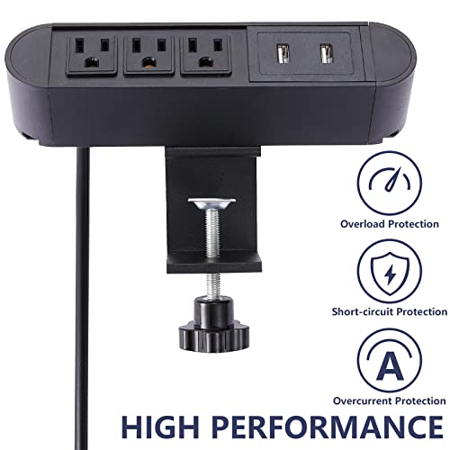 Desk Clamp Power Strip, 3 Desk Outlets with USB Port 2.4A, Desk Mount