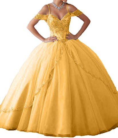 DKBridal Women's Cap Sleeves Ball Gown Beaded Long Quinceanera Dresses Golden 2