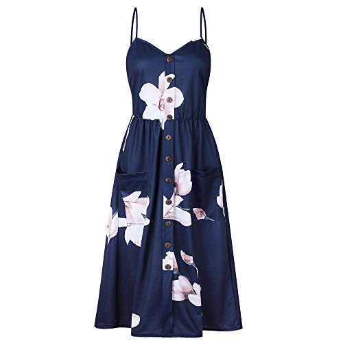 LitBud Women Sundresses Summer for Women Ladies Spaghetti Strap Casual Vintage Party Holiday Button Down Vacation Midi Swing Easter Dress with Pockets Floral Navy Blue Size 8 10 L