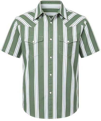 Cromoncent Mens Western Cowboy Short Sleeve Pearl Snap Casual Plaid Shirts,Stripe Green White,Medium at Amazon