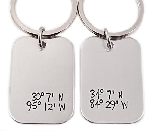 Custom Rectangle Coordinate Keychain- Couples Set of 2 - Hand Stamped Key Chain