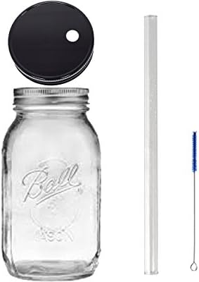 Mason Drinking Jar with Glass Straw, 1 Lid and Straw Cleaner- 32oz Bundle (black)