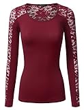 Doublju Womens Long Sleeve Slim Fit Floral Lace Paneled Top