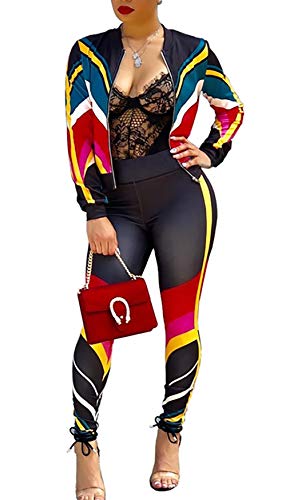 Women's Floral Print 2 Piece Set Open Front Zipper Jacket and Skinny Long Pants Plus Size Tracksuit