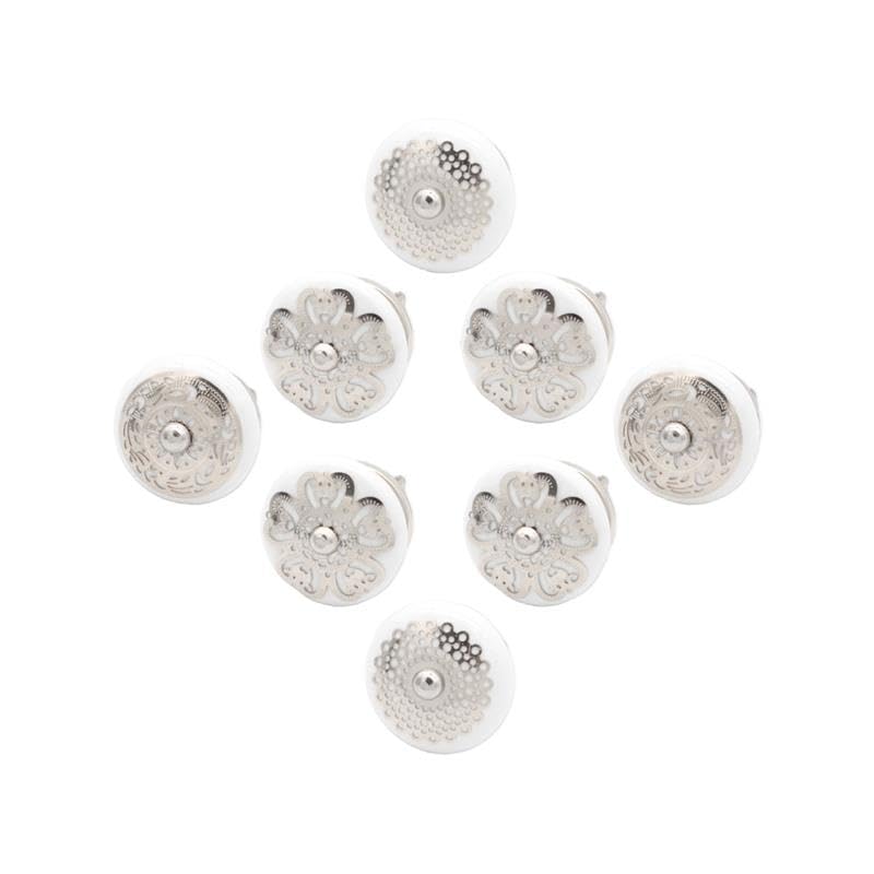 Infinity Decor Set of 8 White & Silver Floral Designed Ceramic Cupboard Knobs - 40mm Morden Pull Handles for Wardrobe, Chest Drawers, Cabinet Door
