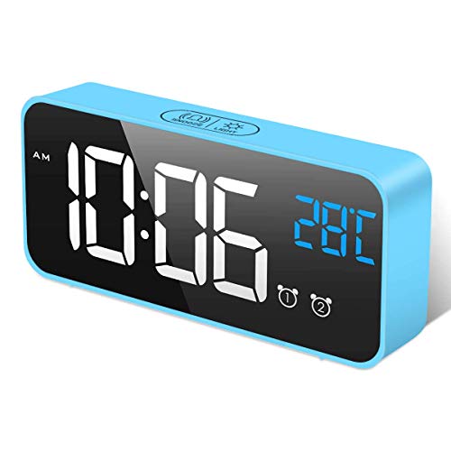 HOMVILLA Reloj Despertador Digital con Pantalla LED de Temperatura, Alarma de Espejo Portátil con Alarma Doble Tiempo de Repetición 4 Niveles de Brillo Regulable 10 Música Despertadores Digitales Azul