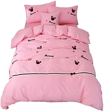 Cenarious Minnie Mouse Pink Cartoon Children Bedroom Duvet Cover Set Applique Embroidery Cotton Bed Cover - 4Pc Bedding Set - Queen - 86"x94" - 220x240cm