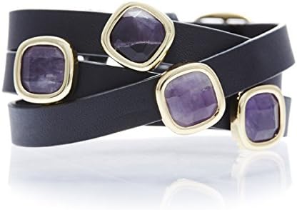 Lulu Dharma Per Lo by Gemstone and Leather Wrap Bracelet, Leather Bracelet, Gemstone Bracelet, Boho Jewelry, Fashion Jewelry, Womens Boho, Leather Jewelry (Amethyst and Black Leather) - MSRP $78