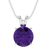 Clara Pucci 14K White Gold Plated Solitaire 16" Box-Chain Necklace - Sterling Silver 2ct Round Cut Amethyst Pendant