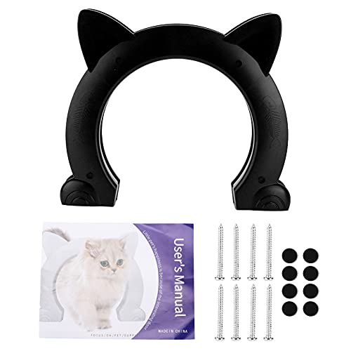 Pssopp Cat Door Built-In Interior Cat-Head Shaped Plastic Cat Pass Through Door Pet Door Hidden Litter Box (Black)