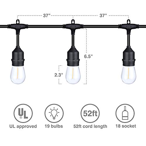Delxo 52FT LED Outdoor String Lights Wind and Rainproof Commercial Heavy Duty, E26 Socket 18 x 1W 19 Edison Light Bulb (1 Spare), Coffee Shop Wedding Party Gazebo Camping Tent Awning Decoration