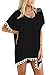 MOLERANI Women's Pom Pom Trim Kaftan Chiffon Swimwear Beach Cover Up (L/XL, Black)