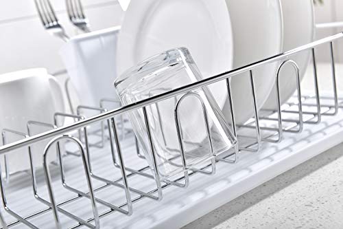 VCCUCINE Modern Kitchen White Chrome Metal Wire Dish Drying Rack, Dish Rack with Drainboard and Cutlery Cup Utensil Organizer Holder