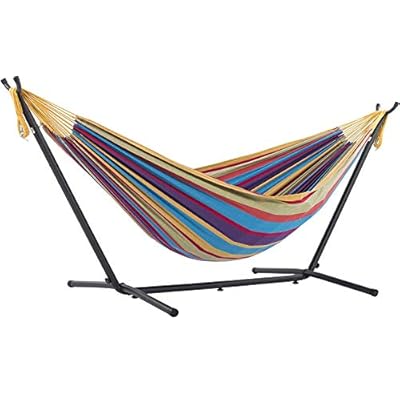 Vivere Double Cotton Hammock with Space Saving Steel Stand, Tropical (450 lb Capacity - Premium Carry Bag Included) 41bgePC2qiL