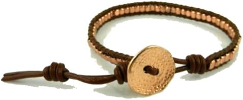 Ploy! Leather Wrap Bracelet - Genuine Brown Pink Gold Beaded Handmade Adjustable LW15