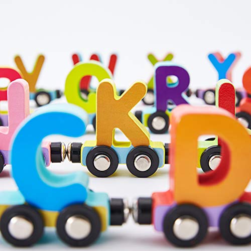 image for HM-tech Wooden Train Set 27 PCS - Magnetic Train Cars Alphabets Set In