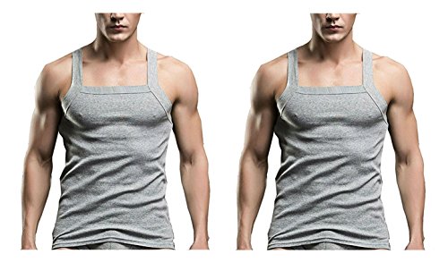 2Square Super Heavy Weight 100% Cotton Square Cut Ribbed Muscle Shirt (Pack Of 2) (Grey, Medium)