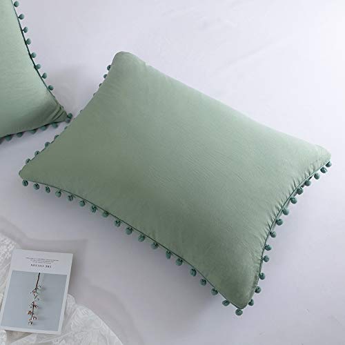 MOVE OVER Sage Green Pom Poms Pillow Case, Green King Pillowcases Set of 2, 100% Washed Microfiber, Sea Green Ball Fringe Pillow Shams King 2 Pack (King, Sage Green)