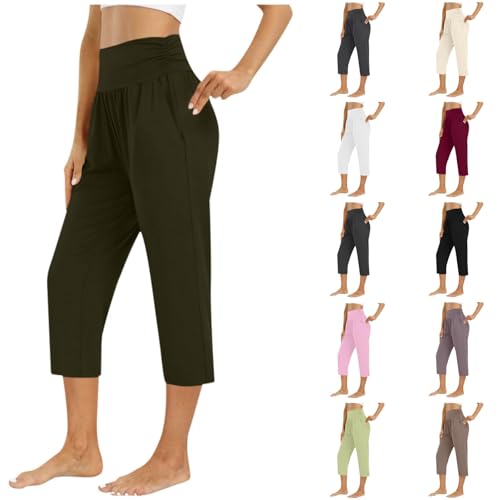 Yxzogd Capri Yoga Pants for Women High Waist Tummy Control Crop Pants Stretchy Exercise Capris Workout Leggings with Pocket Army Green