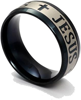 Stainless Steel Rings engraved Jesus and Cross for Festival Gifts in comfortable Fit Matte Finish Band Black ,Golden and Silver Ring Sizes 6-14 for Men and Women