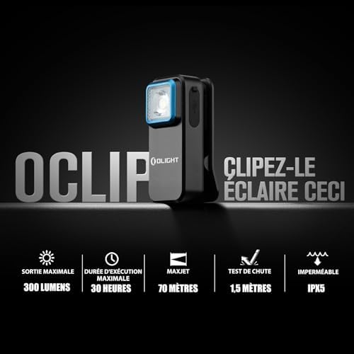 Oclip Mini Lampe de Poche à Clip Source Rouge et Blanche 300LM 70M