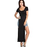 FINEJO Women Double Split Short Sleeve Long Maxi Dress High Split Slit Skirt
