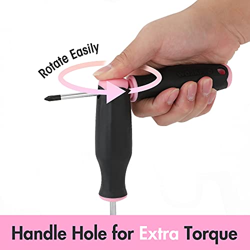 WORKPRO 6-Piece Pink Magnetic Screwdrivers Set, Includes 3 Slotted & 3 Phillips Screwdrivers, Stubby Screwdrivers, Soft TPE Handle, Cr-V Shank, Hand Tool Kit for Woman - Pink Ribbon