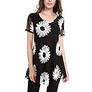 BaiShengGT Flared Tunic For Leggings Women's Mesh With Lining Longline Hem Top Black Floral M