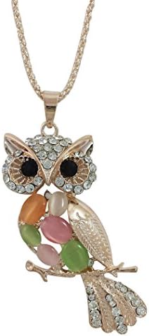 Rose Gold Plated Owl Necklace Pendent with Rhinestone Accented Crystals, Necklace 30 Inches Long.