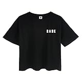 YITAN Women's Fashion Funny Tees Graphic Loose T shirt Cute Relaxed Split Crop Top Black Small