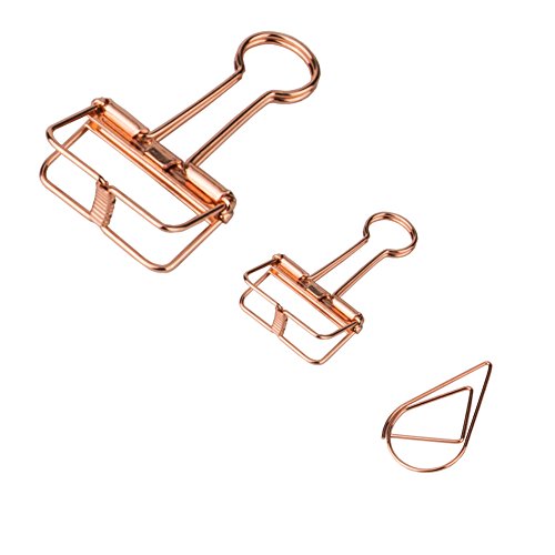 30 Pcs Rose Gold Binder Clips and 150 Pcs Paper Clips, Assorted Size Smooth Wire Binder Clips and Paperclips in Durable Storage Box by DeedyGo