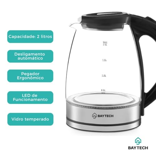 Chaleira Elétrica de Vidro 2 Litros 127/ 220V com Base Giratória 360° e Aquecimento Rápido 1000W (220v)