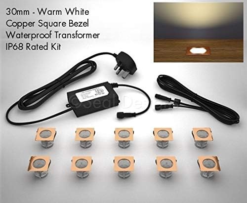 10 x 30mm LED Copper Lights Deck/Decking/Kitchen Plinth Warm White Square **Now with IP68 Waterproof Transformer** - Seal Designs