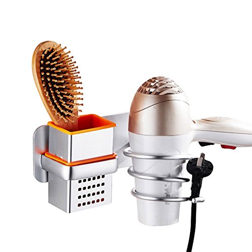 Click Here to See More Images Frjjthchy Space Aluminum Blow Dryer Holder Wall-mounted Hair Dryer Organizer with A Box (Silver)