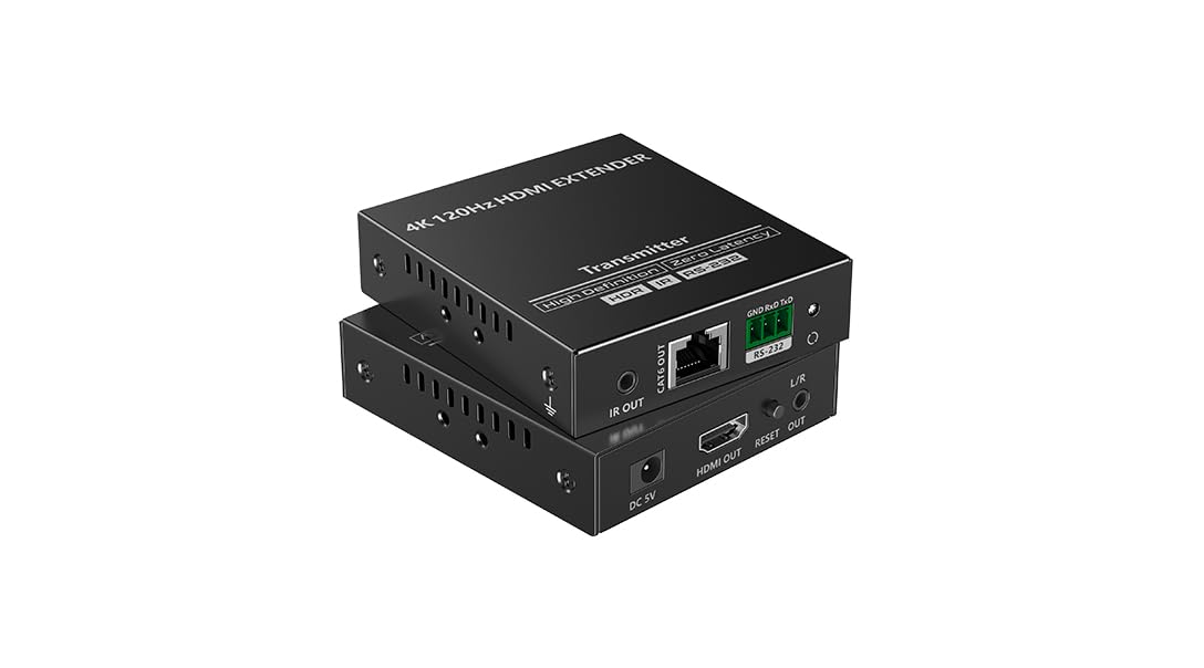 FOURKAY 4K@120Hz HDMI over CAT6/7 Ethernet extender. IR Passback. RS232 Pass Through. Zero Latency. 25m Range at 4K120Hz. 60m Range at 4K60Hz. HDR Support. HDMI 2.2 and HDCP 2.2 Compliant.