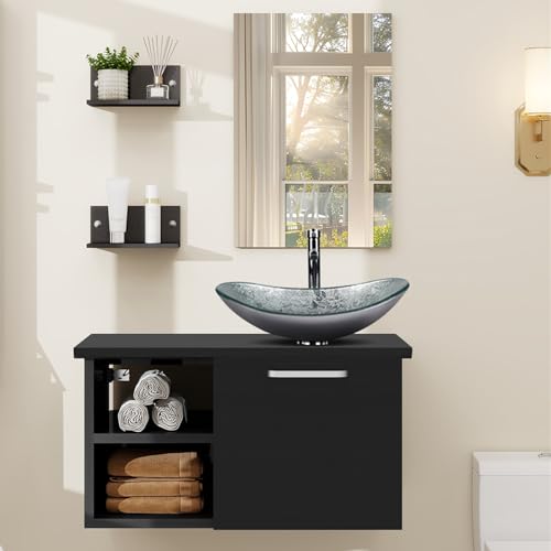 Zealwe Badmöbel Set Waschbecken Waschtisch Mit Unterschrank Waschbeckenunterschrank Und Spiegel, Badezimmermöbel Mit Badezimmerschrank Hängend, Wandregal, Aufsatz-Waschbecken(Silber)