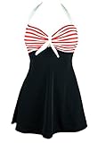Cocoship Black & Red White Striped Vintage Sailor Pin Up Swimsuit One Piece Skirtini Cover Up Swimdress XXXL(FBA)