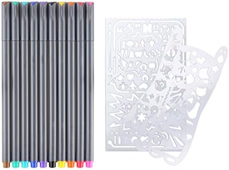 Dearkays Fineliner Color Pens + Stainless Steel Drawing Stencils Sets,0.38mmPorous Fine Line Point Sketch Markers,Hollow Life/Cat Ruler Template Stencils Sets For Coloring Book And Scrapbooking